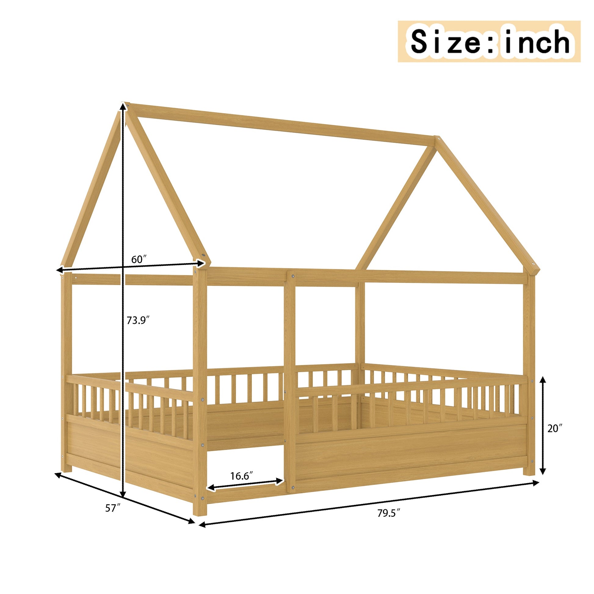 Full-size wooden bed frame with a house-roof design in natural wood, HouseOfZazla on Tampa Home & Garden Store