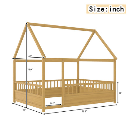 Full-size wooden bed frame with a house-roof design in natural wood, HouseOfZazla on Tampa Home & Garden Store