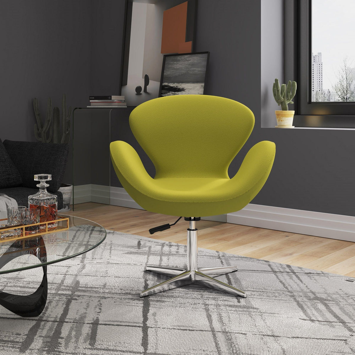 Raspberry swivel lounge chair with 360-degree rotation in lime upholstery on Tampa Home & Garden Store