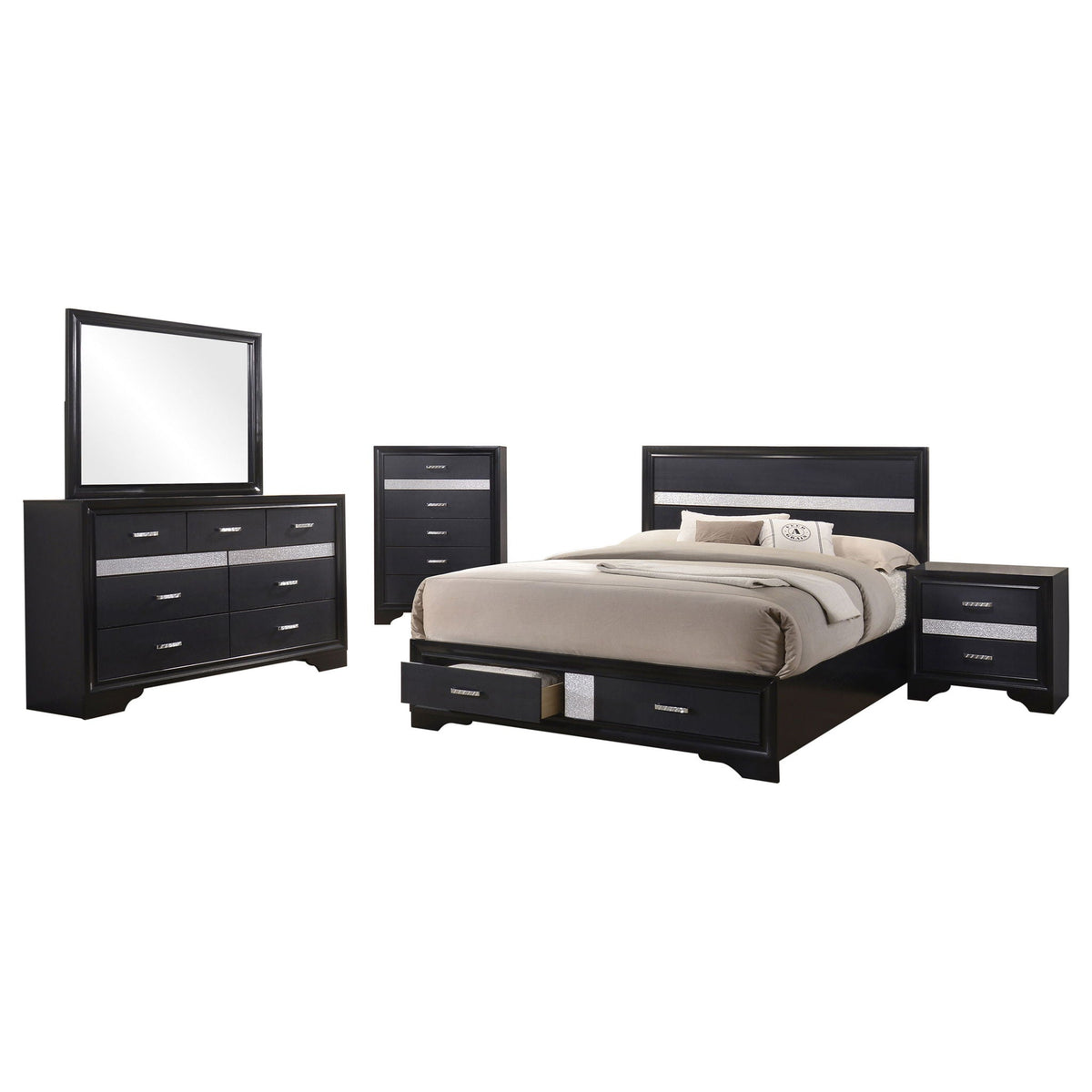 Corbin glittering black 4-piece bedroom set by HouseOfZazla with silver drawer accents on Tampa Home & Garden Store