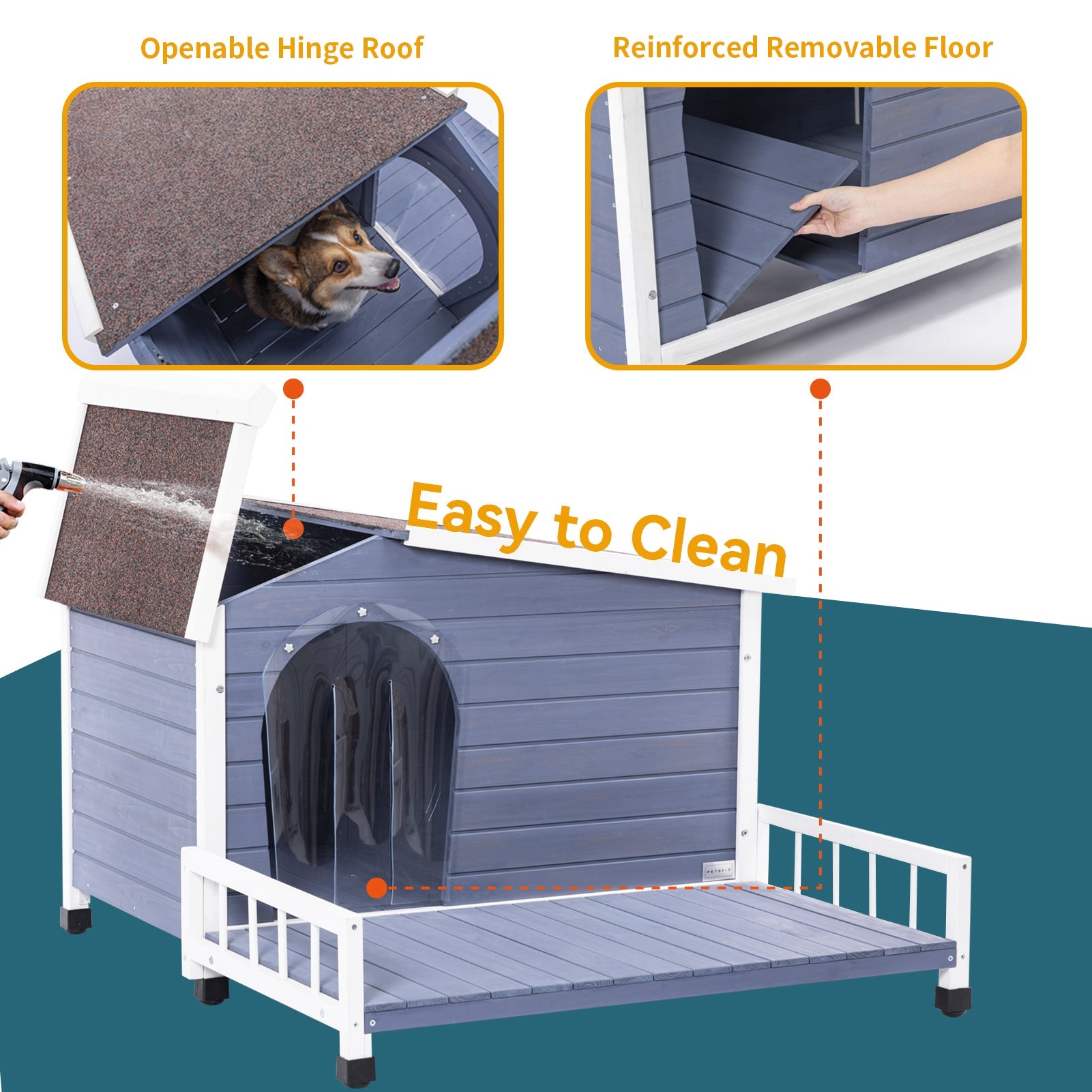 Large wooden dog house with terrace, blue-gray siding and white trim, HouseOfZazla on Tampa Home & Garden Store