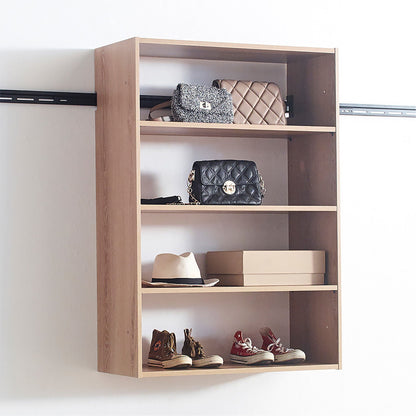 Wall mounted wood closet system in light brown with open shelves for bags and hats on Tampa Home & Garden Store