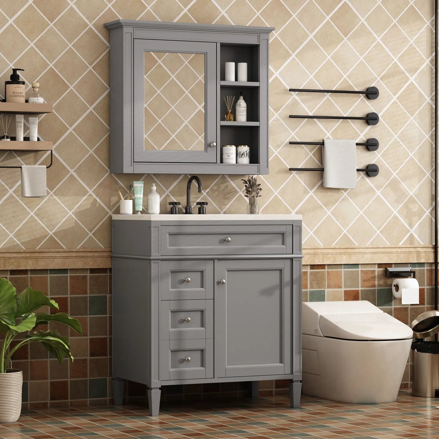 Gray vanity with medicine cabinet, modern storage with 2 soft-close doors and 4 drawers on Tampa Home & Garden Store