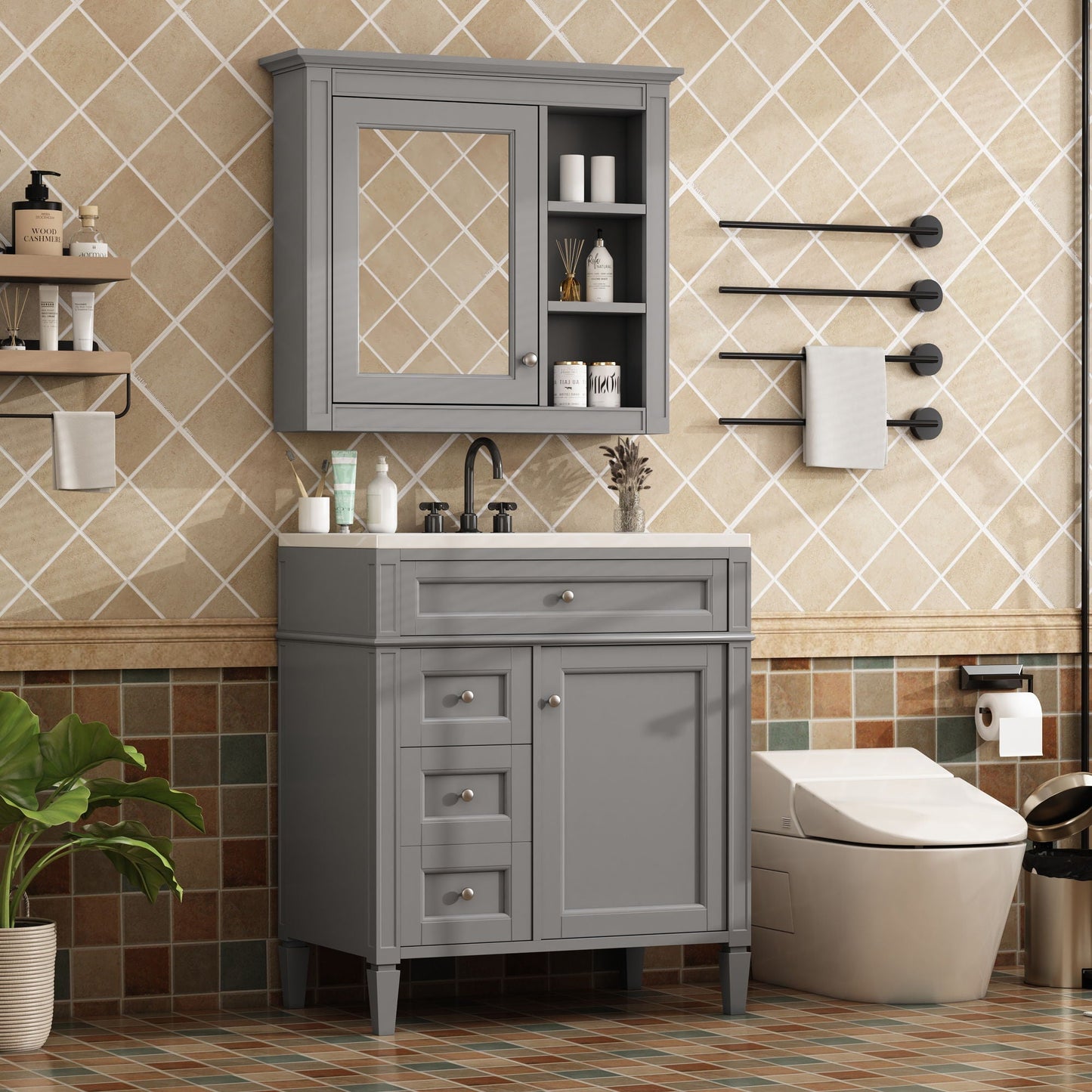 Gray bathroom vanity with medicine cabinet and mirrored door, open shelves by HouseOfZazla on Tampa Home & Garden Store