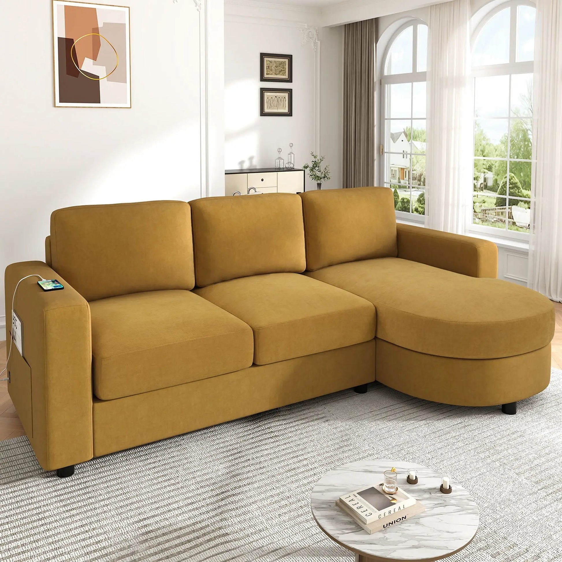 Modern tan L-shaped sectional sofa with curved chaise, USB ports, and side storage pockets on Tampa Home & Garden Store
