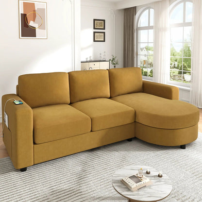 Modern tan L-shaped sectional sofa with curved chaise, USB ports, and side storage pockets on Tampa Home & Garden Store