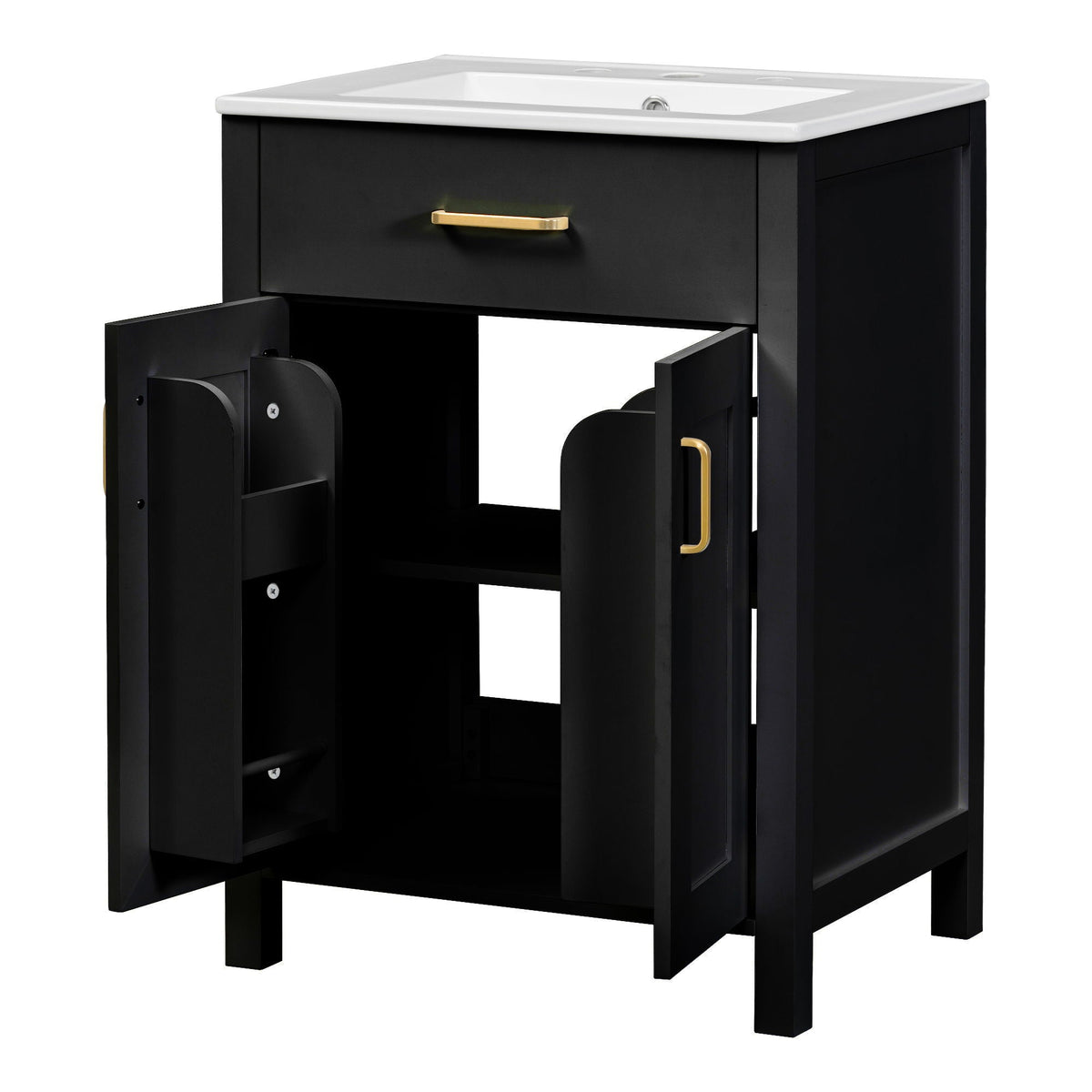 Modern bathroom vanity black cabinet white top brass hardware soft-close doors HouseOfZazla on Tampa Home & Garden Store