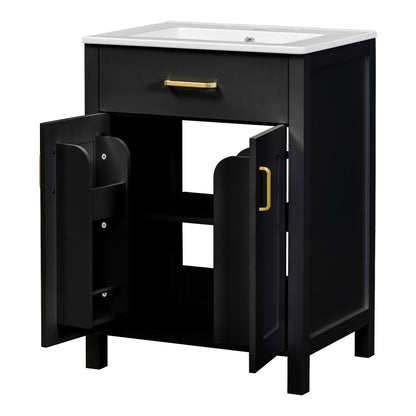 Modern bathroom vanity black cabinet white top brass hardware soft-close doors HouseOfZazla on Tampa Home & Garden Store