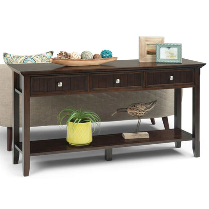Acadian wide console sofa table brunette brown dark wood finish with decorative bowl and frames on Tampa Home & Garden Store