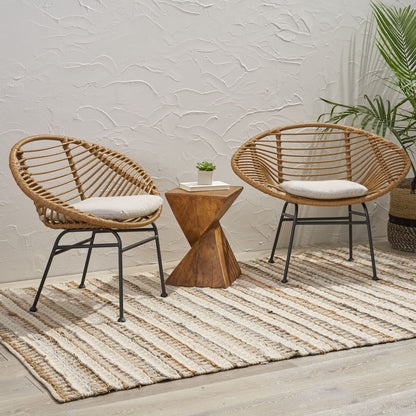 Cordella Wicker Chairs Set of 2, natural wicker with cushioned seats and black metal legs on Tampa Home & Garden Store