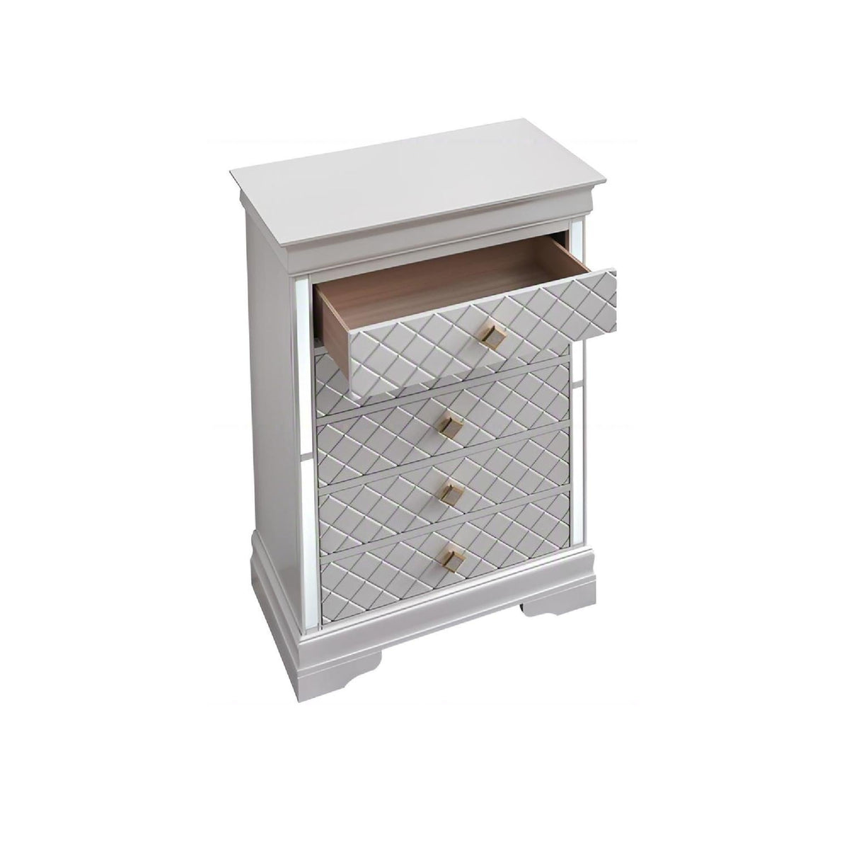 HouseOfZazla embossed X design accent chest gray finish with crystal pulls, mirrored front on Tampa Home & Garden Store