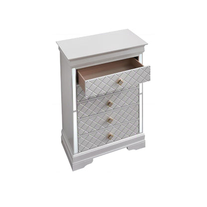 HouseOfZazla embossed X design accent chest gray finish with crystal pulls, mirrored front on Tampa Home & Garden Store
