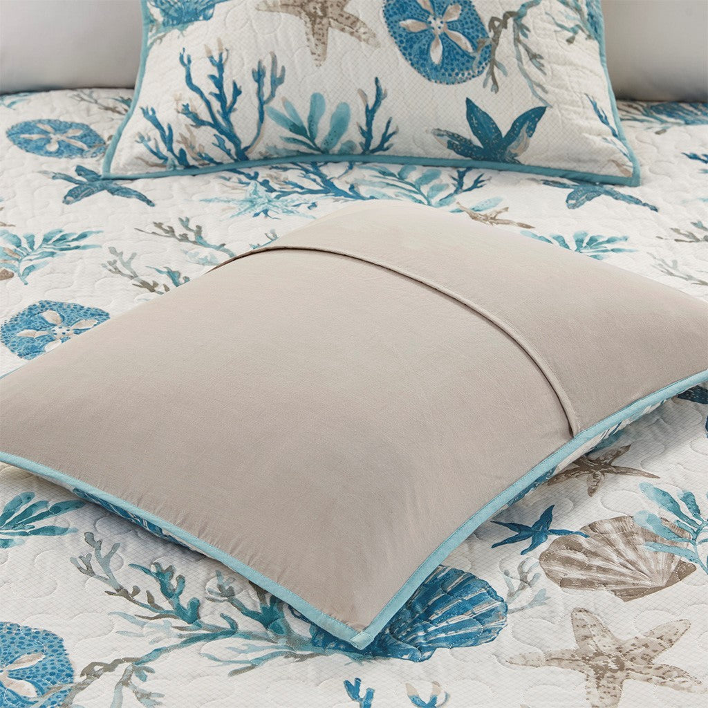 Aqua Cotton Sateen Quilt Set with Coastal Motifs 6 Piece Full/Queen including beige pillow on Tampa Home & Garden Store