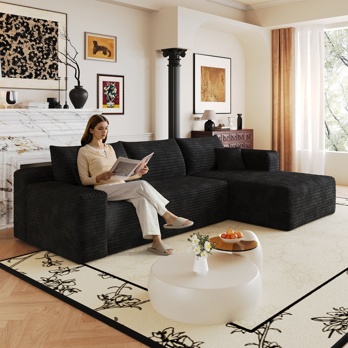 Modern Minimalist Cloud Sectional Sofa by HouseOfZazla in black plush fabric for living room on Tampa Home & Garden Store