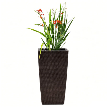 Indoor Outdoor Planter With Automatic Watering System dark brown wicker orange flowers on Tampa Home & Garden Store