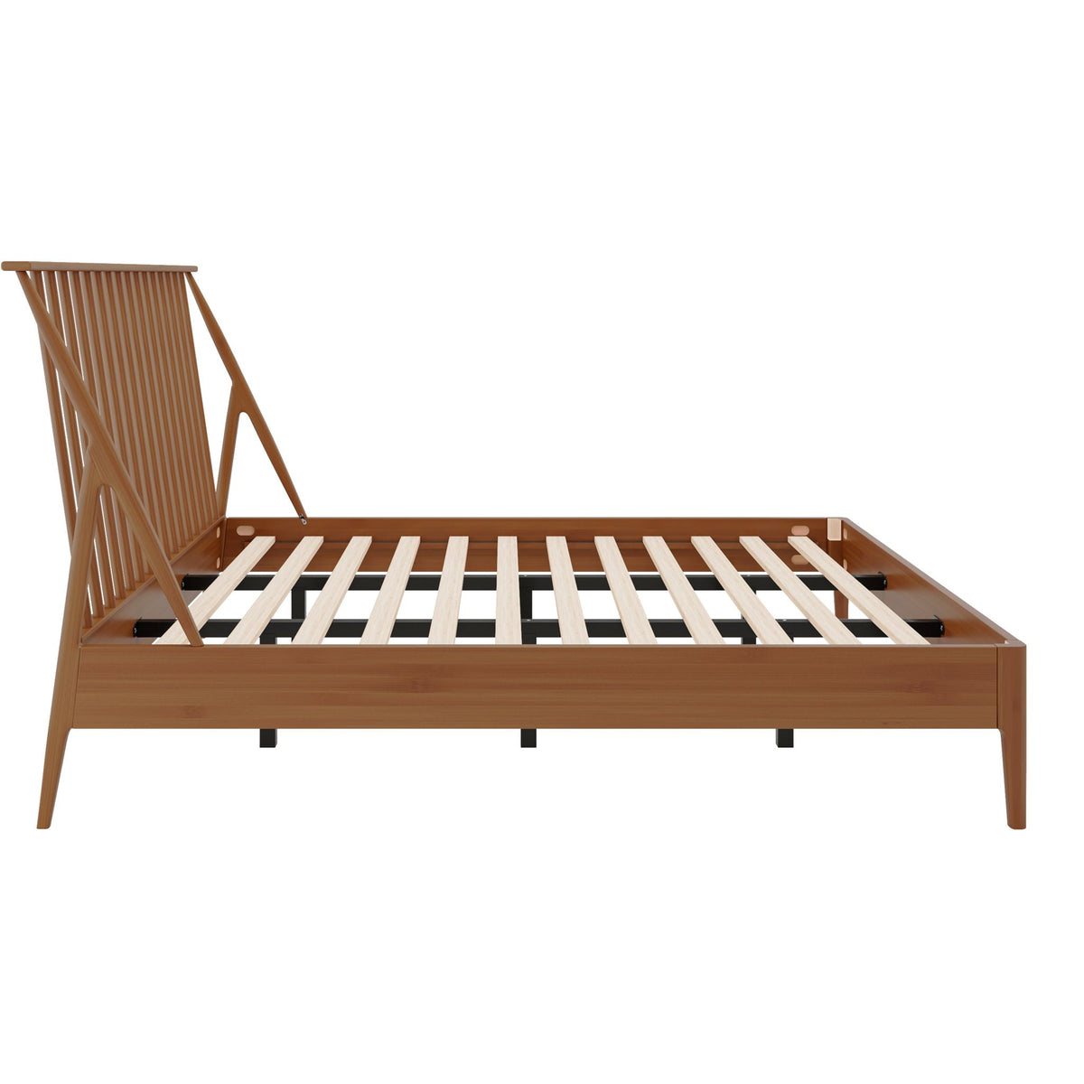 Bohemian platform bed with tall slatted headboard in natural wood finish by HouseOfZazla on Tampa Home & Garden Store