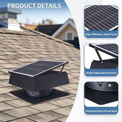 12-inch trapezoidal solar roof vent fan, black metal body, by HouseOfZazla on a shingled roof on Tampa Home & Garden Store