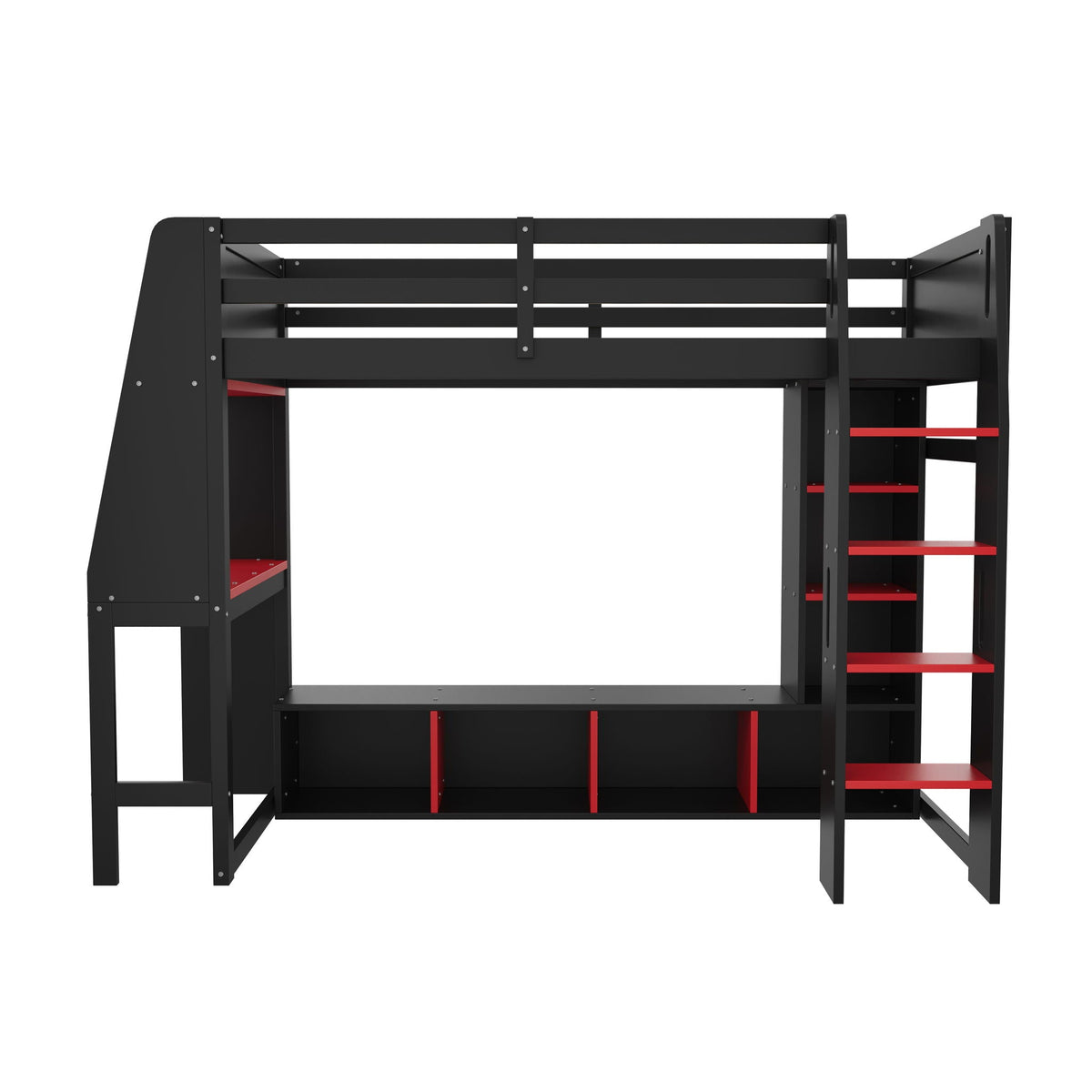 Gaming loft bed by HouseOfZazla with desk, red stair treads, storage shelves on Tampa Home & Garden Store