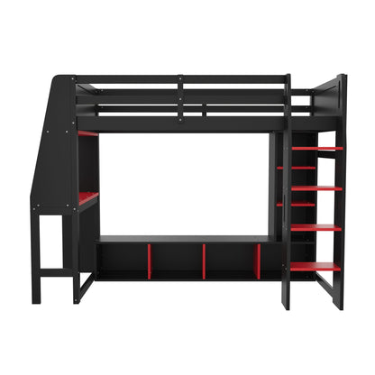 Gaming loft bed by HouseOfZazla with desk, red stair treads, storage shelves on Tampa Home & Garden Store