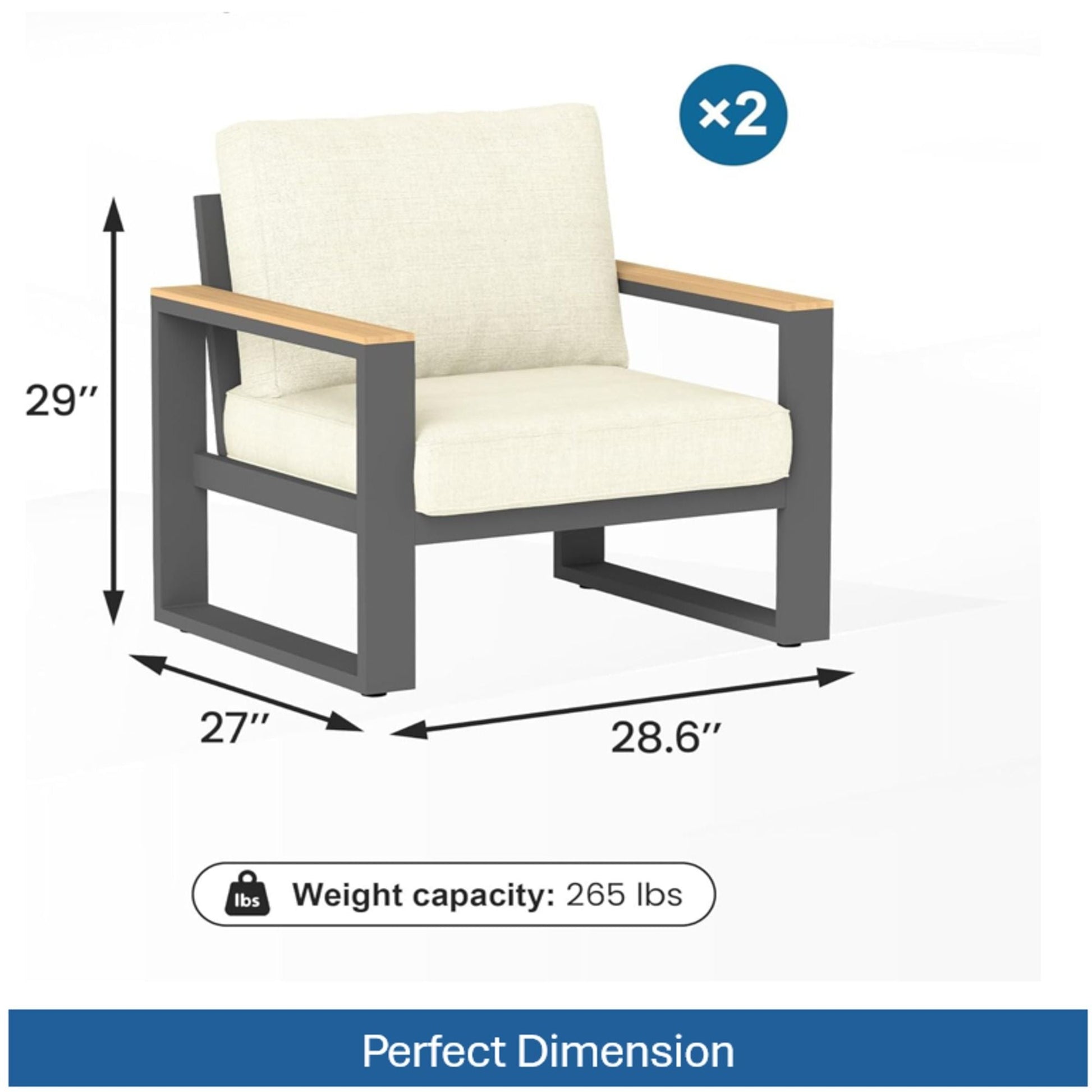 All-Weather Patio Armchairs With Thick Cushions set of 2, dark gray metal frame, wood armrests HouseOfZazla on Tampa Home & Garden Store