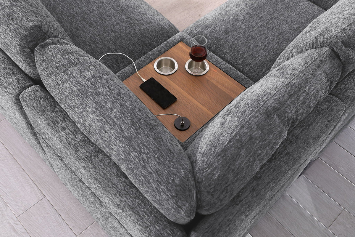 Celine fabric sectional with right chaise and cupholders and charging ports on wood table on Tampa Home & Garden Store