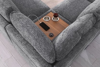 Celine fabric sectional with right chaise and cupholders and charging ports on wood table on Tampa Home & Garden Store