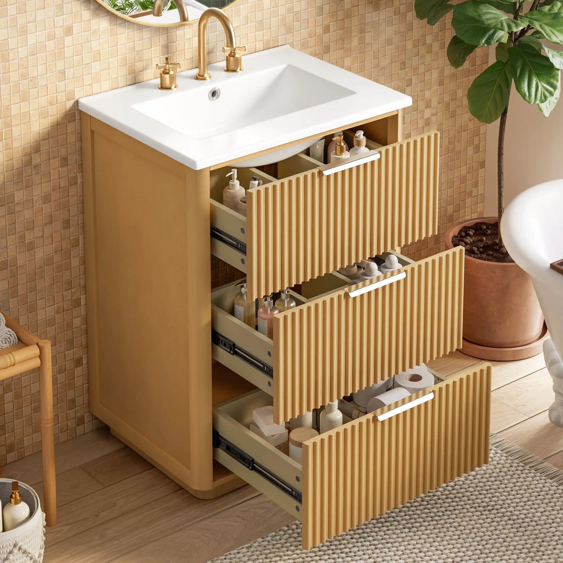 Bathroom vanity with sink in natural wood, brass fixtures, open shelf and slatted drawers on Tampa Home & Garden Store