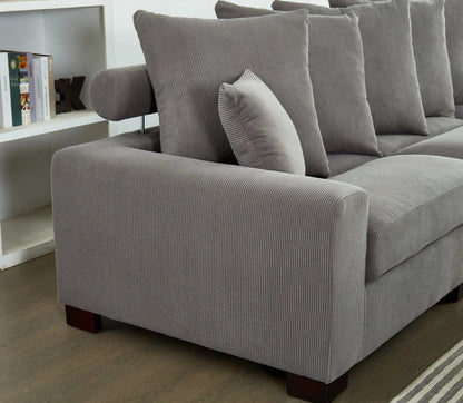 5 Seater Convertible L & U Shaped Couch in gray corduroy with cushions and wooden legs on Tampa Home & Garden Store