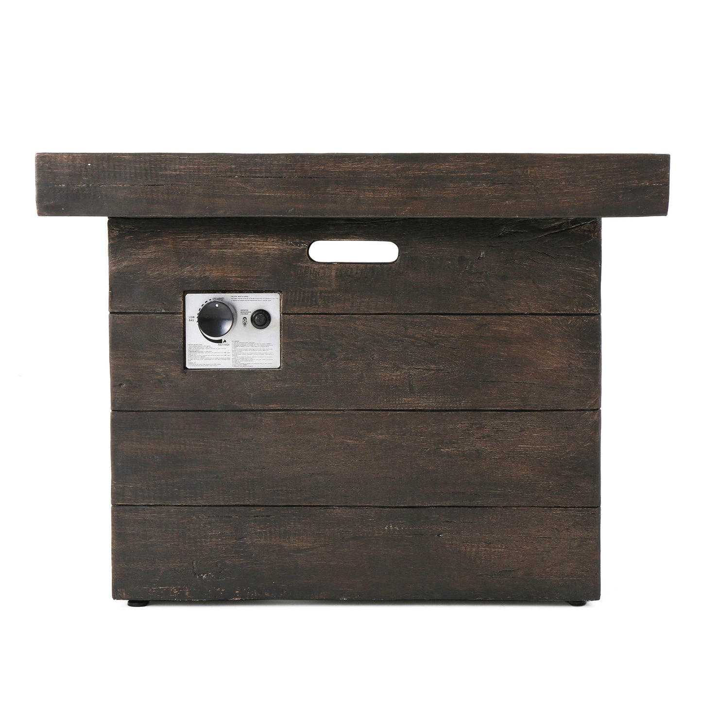 Anchorage 32'' Wood Square Fire Pit brown wood exterior with front control panel on Tampa Home & Garden Store