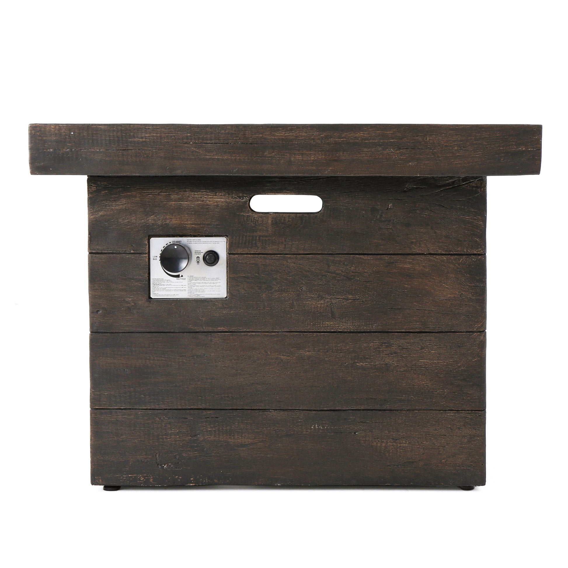 Anchorage 32'' Wood Square Fire Pit brown wood exterior with front control panel on Tampa Home & Garden Store