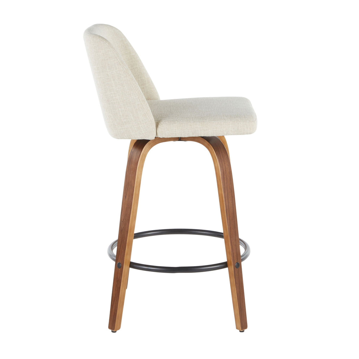 Mid-Century padded-seat counter stool beige fabric curved wood legs black footrest on Tampa Home & Garden Store
