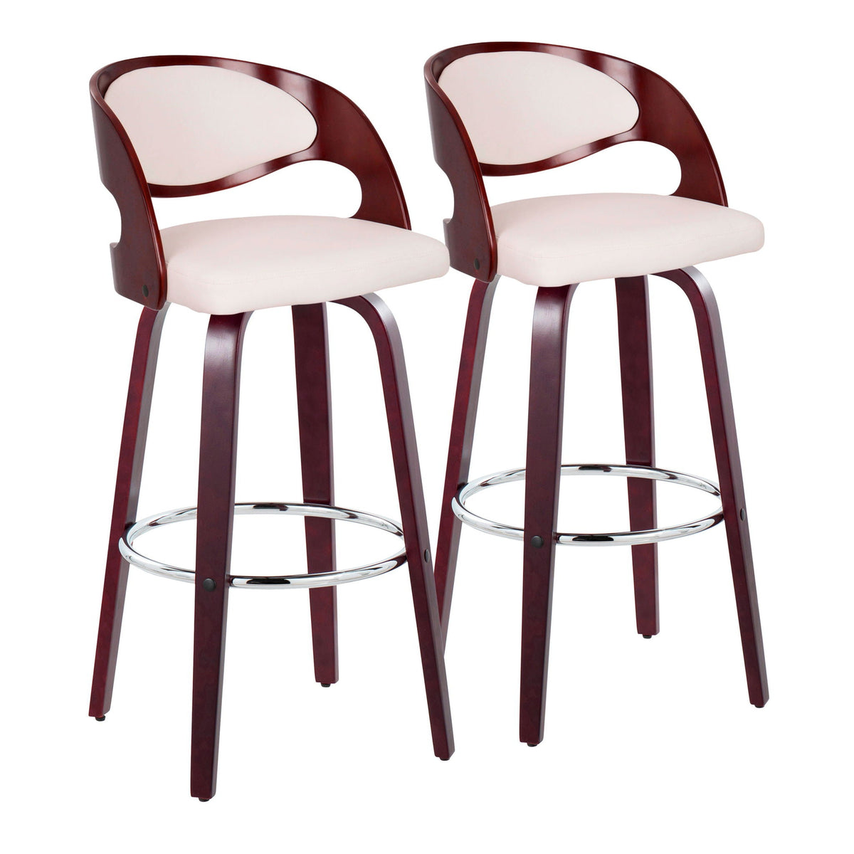 Mid-Century Barstool Set with white cushions and dark wood frames, chrome footrests, 2 stools on Tampa Home & Garden Store