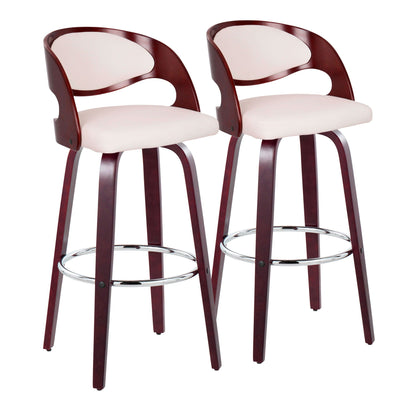 Mid-Century Barstool Set with white cushions and dark wood frames, chrome footrests, 2 stools on Tampa Home & Garden Store