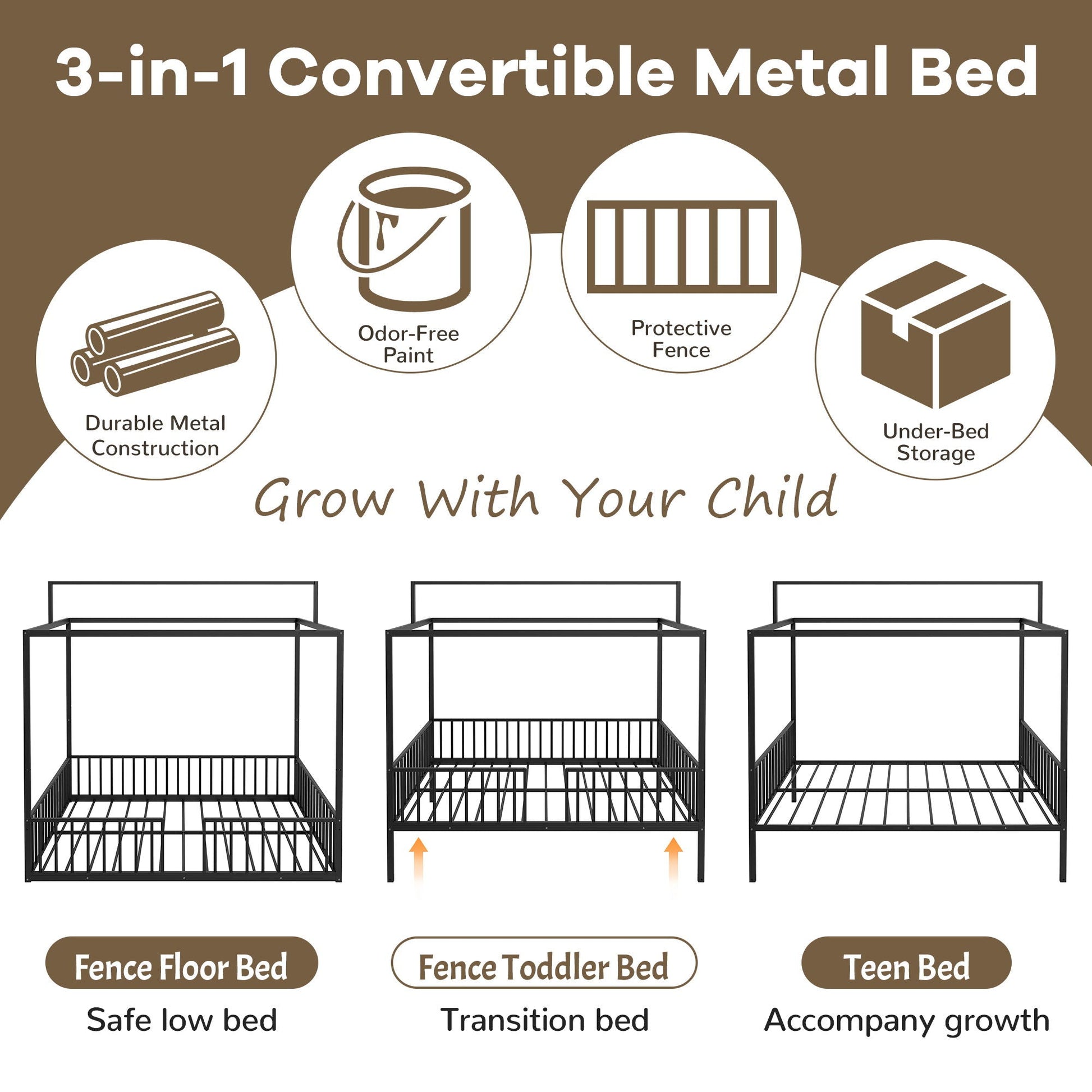 3-in-1 Convertible Metal Bed with three black canopy frames and guard rails on Tampa Home & Garden Store