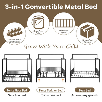 3-in-1 Convertible Metal Bed with three black canopy frames and guard rails on Tampa Home & Garden Store