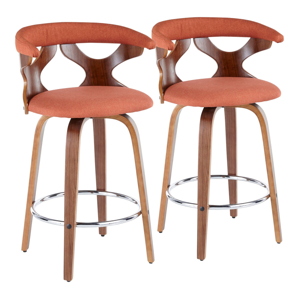 Pair of mid-century modern fixed-height counter stools with swivel, orange upholstered seats on Tampa Home & Garden Store