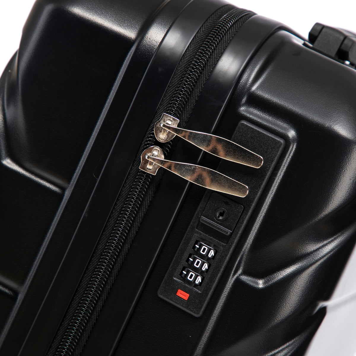 2-piece HouseOfZazla black ABS spinner luggage close-up with zipper pulls and three-dial lock on Tampa Home & Garden Store