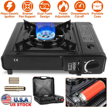 GemGear 3300W portable camping stove with piezo ignition dual-fuel burner black carry case on Tampa Home & Garden Store