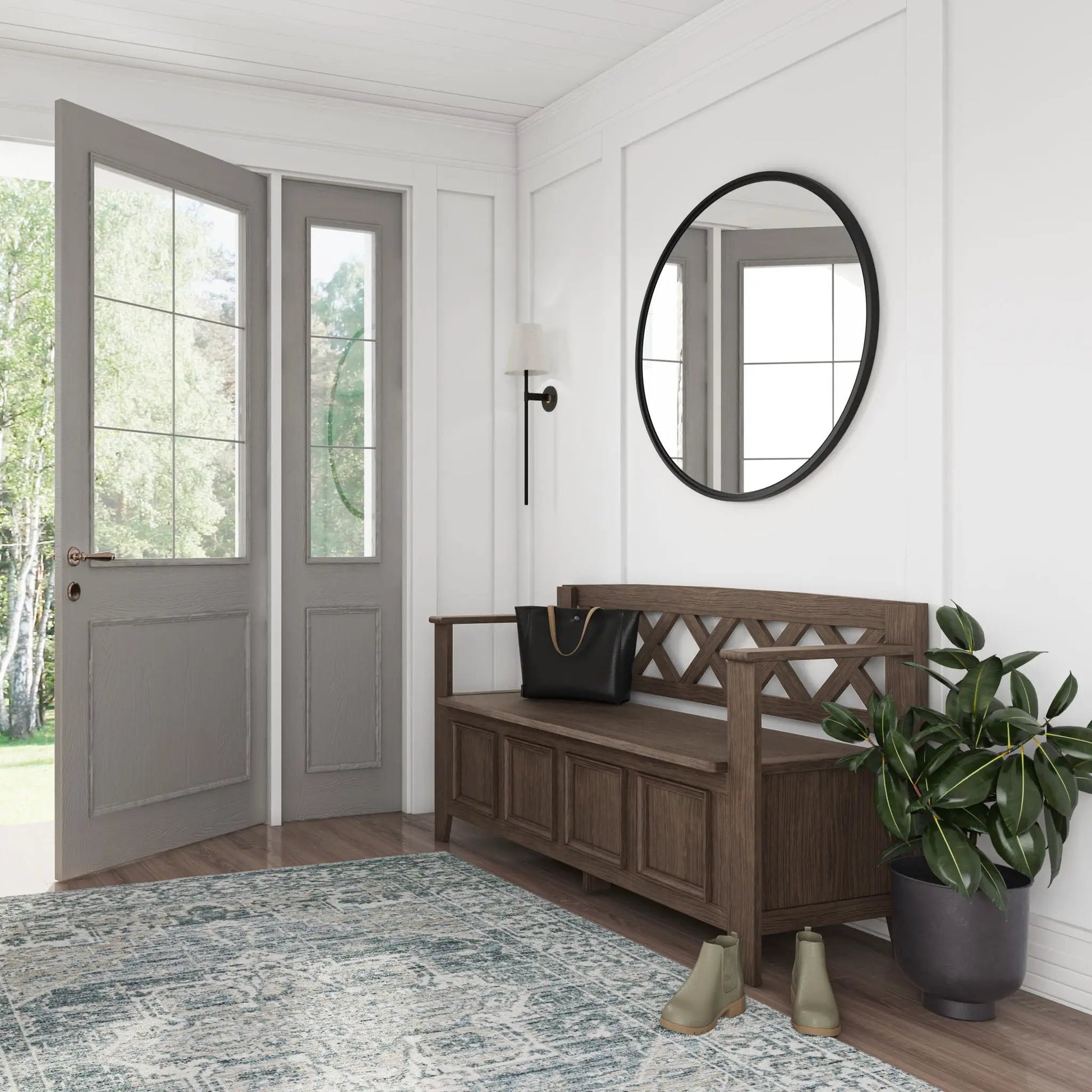 Amherst handcrafted entryway storage bench in dark wood with lattice back on Tampa Home & Garden Store