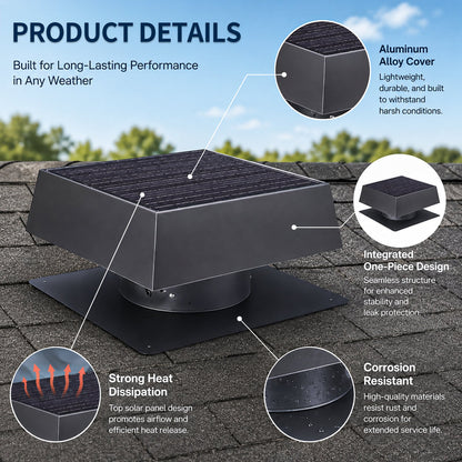 12in flush-mount trapezoid solar attic vent with dual-power roof exhaust fan, aluminum cover on Tampa Home & Garden Store