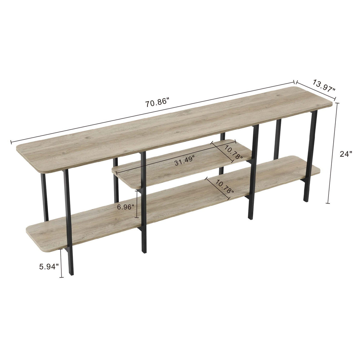 Celine 3-Shelf Console Table with wood veneer top and black metal frame on Tampa Home & Garden Store