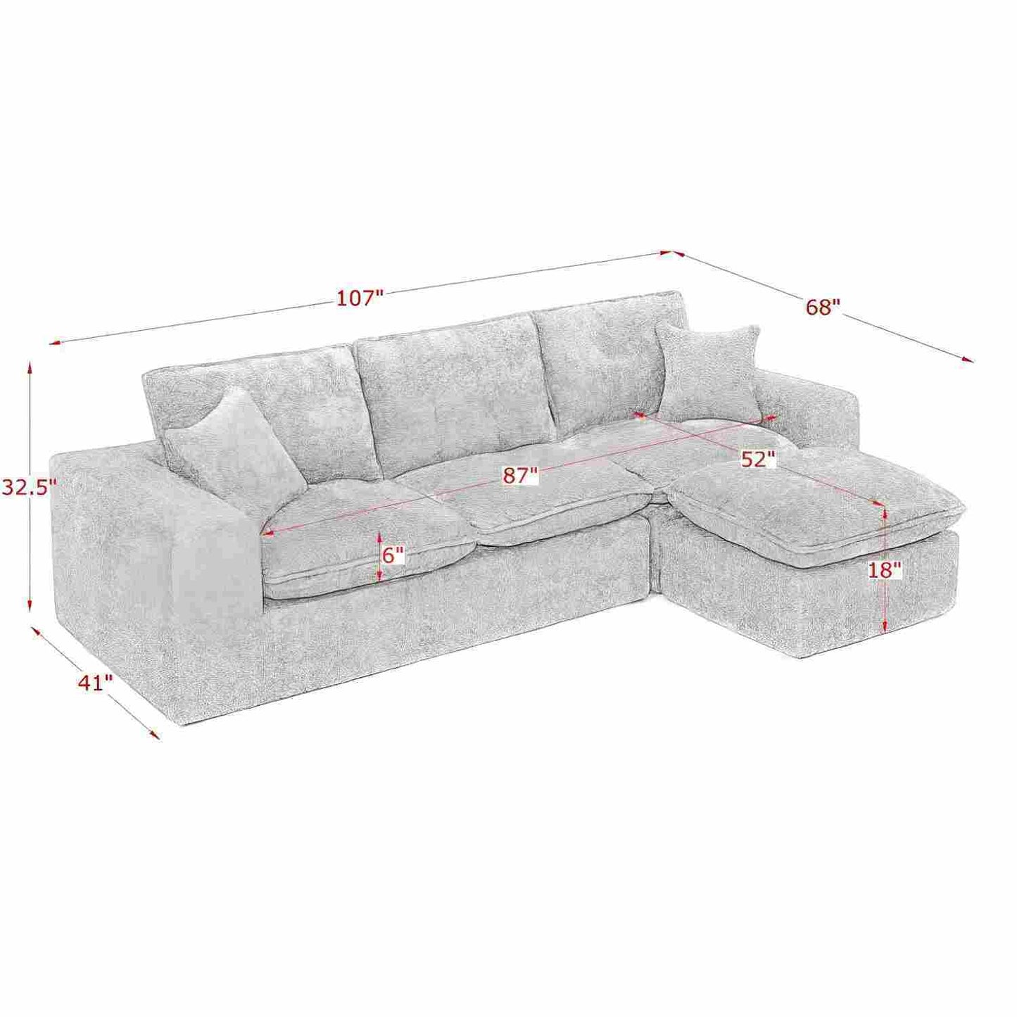 Sectional sofa with moveable ottoman, 3-piece living room set by HouseOfZazla in gray fabric on Tampa Home & Garden Store