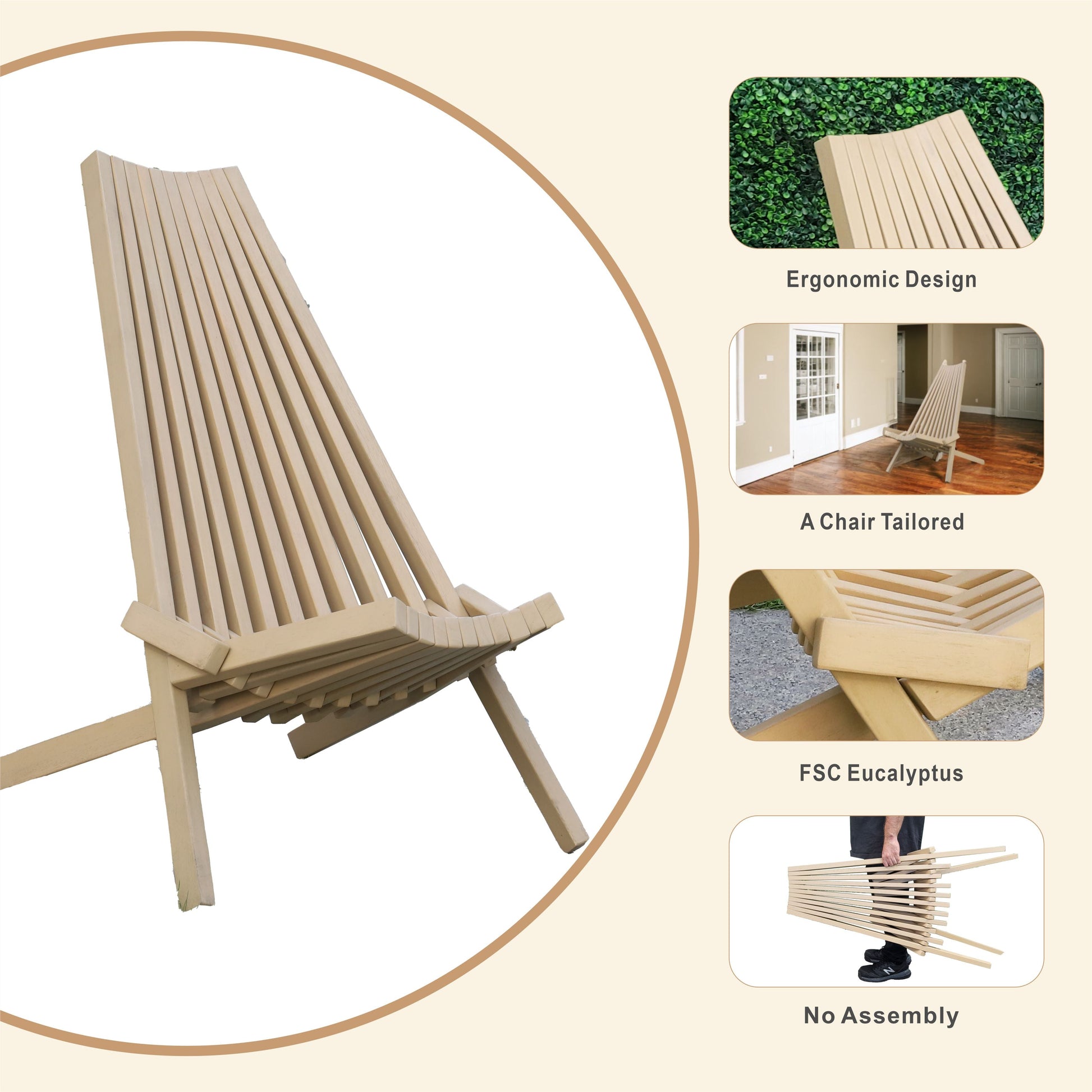 Folding acacia wood outdoor lounge chair by HouseOfZazla; beige patio seating on Tampa Home & Garden Store