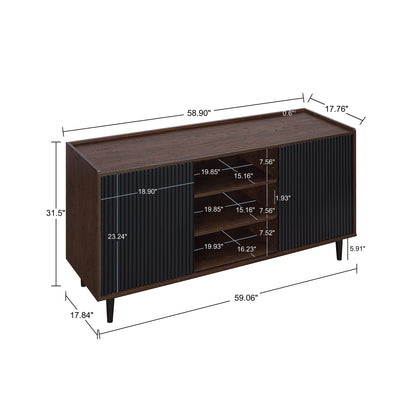 Fluted sideboard with adjustable storage by HouseOfZazla; dark wood, black ribbed fronts, open shelves, tapered legs on Tampa Home & Garden Store