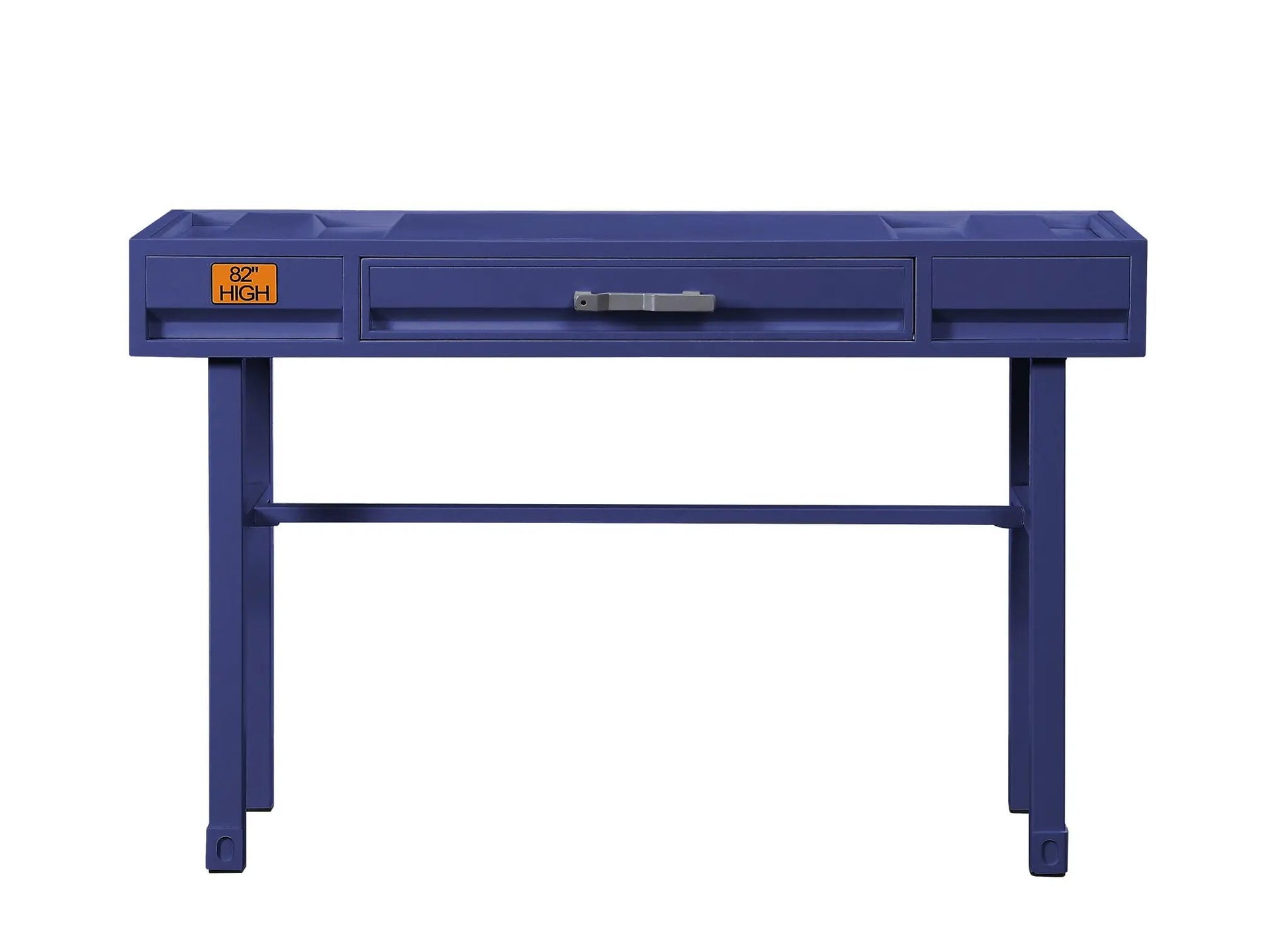 Cargo vanity desk with functional storage in blue metal finish, central drawer and side cubbies on Tampa Home & Garden Store