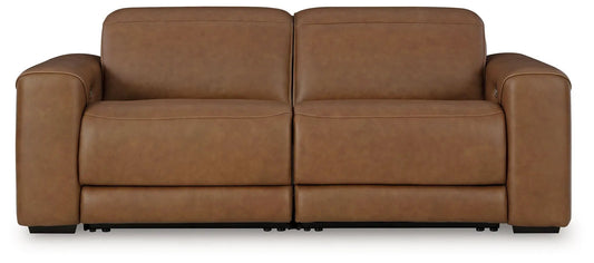 Magic Man reclining sectional, tan brown leather upholstery with wide square arms, 2-seat on Tampa Home & Garden Store