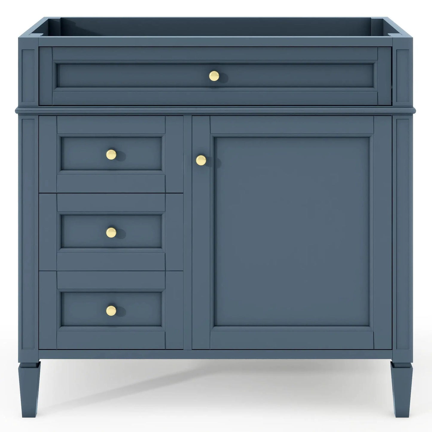Bathroom vanity base with 2 drawers and tip-out, blue-gray, gold knobs Unique Piece Furniture on Tampa Home & Garden Store