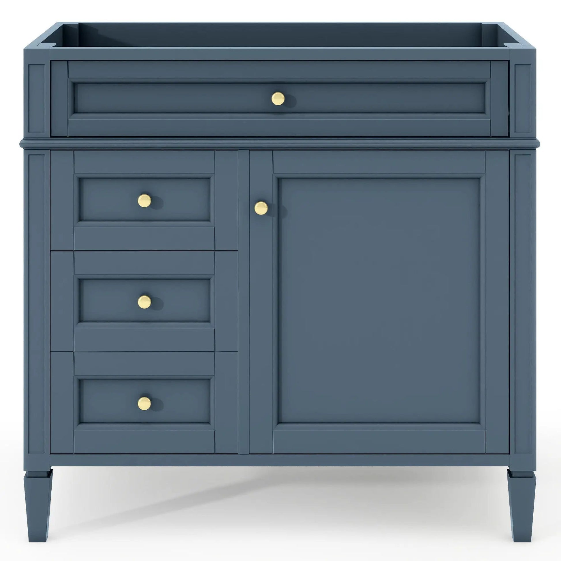 Bathroom vanity base with 2 drawers and tip-out, blue-gray, gold knobs Unique Piece Furniture on Tampa Home & Garden Store