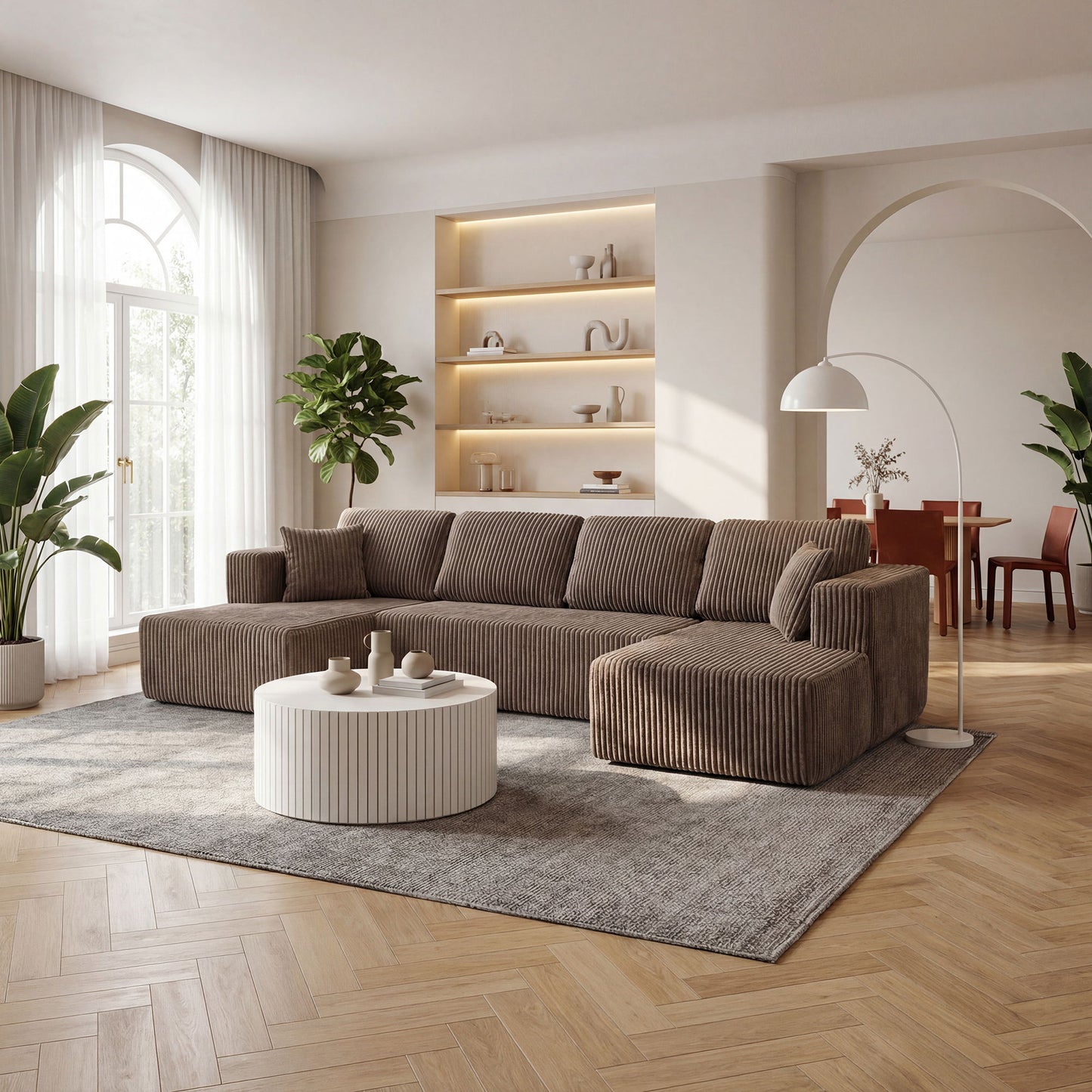 U-Shape modular stationary sectional sofa in brown corduroy fabric by HouseOfZazla for living room on Tampa Home & Garden Store