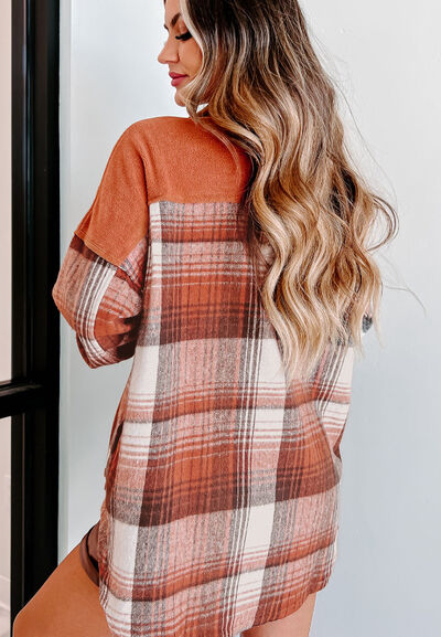 Plaid button-up long sleeve jacket by Stevvex in orange tan plaid back view on model on Tampa Home & Garden Store